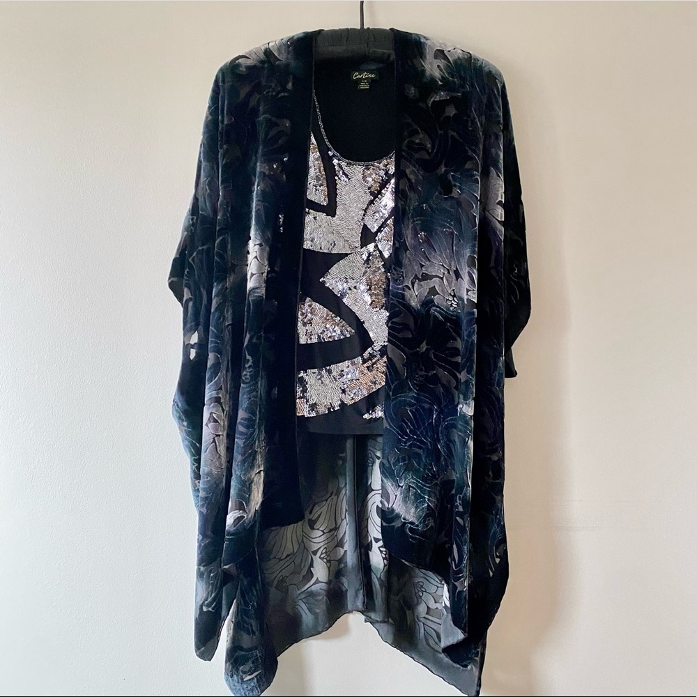 Women's Silk & Burnout Velvet Kimono with Matching Scarf in Black, Blue, & Gray